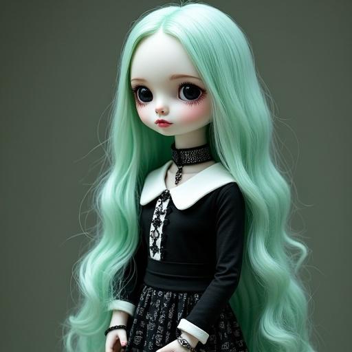 Pastel Goth fashion with witchy and doll-like influences. Dress is deep black with light gray mystical symbols. Fitted skater silhouette with a Peter Pan collar. Accessories include black choker and silver bracelet. Makeup features heavy eyeliner and pale complexion. Hair is long, wavy, center-parted in pastel aqua green.