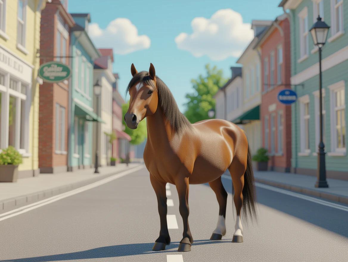 A cartoon horse is standing in a quaint street. The horse is waving goodbye to the viewer. The scene has a bright and cheerful atmosphere. There are colorful houses lining the street. The sky is clear with a few fluffy clouds.
