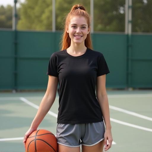 A young woman stands confidently on a basketball court. She has auburn hair tied in a ponytail. She wears a snug black t-shirt and gray shorts. A basketball is beside her foot. She smiles brightly with her hands on her hips.