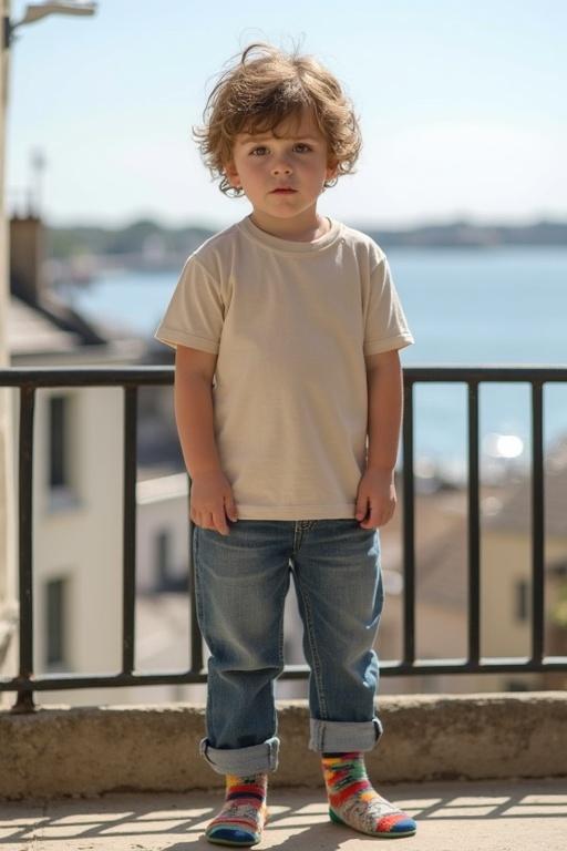 A young boy stands on a balcony. He wears a natural-colored T-shirt. He has blue jeans and colorful ankle socks. The background shows a bright sunny harbor in Normandy. The scene appears peaceful and quiet.