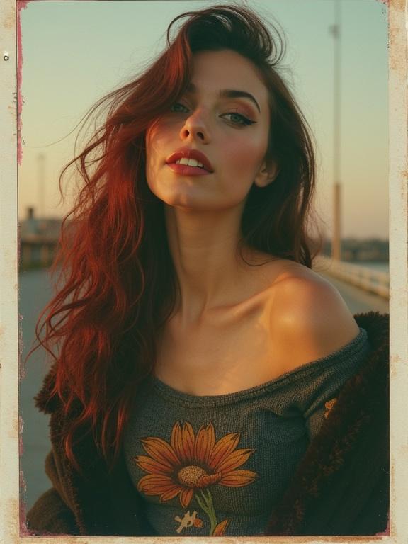 Candid photo captures woman tilting head right. She has long wavy dark red and turquoise hair. She smiles shyly at camera. Wearing off the shoulder jacket and sweater with floral pattern. Light reflects nicely in her turquoise eyes. Heavy dark eyeshadow highlights her beauty.