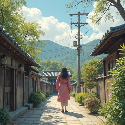 A woman in a pink kimono walks along a path surrounded by traditional Japanese houses and lush greenery in a scenic rural landscape with mountains in the background.