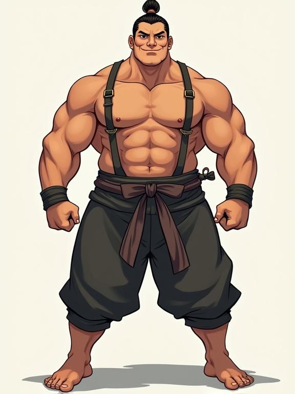 Full body shot of an incredibly muscular man named Qiu Ren with a warm, kind face. He has a powerful physique, bare-chested with rugged straps across his body. He wears knee-length cotton shorts. His skin is healthy and tan, often barefoot. The setting is a fantasy world inspired by ancient China.