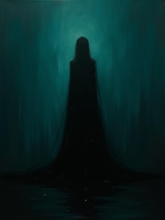 Digital oil painting shows a unique silhouette in a void with dark teal color theme. The painting uses harsh strokes and a flat color style. Background is black with an ethereal glow around the silhouette. Represents a formless shape in a minimalist setting.