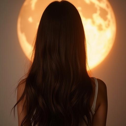Silhouette of a person with beautiful straight hair facing a luminous, warm background. The person is viewed from behind, with an ambient and soft light illuminating the scene.