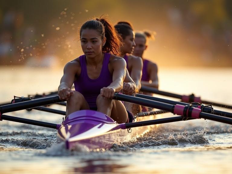 Professional sports photography of rowing crew in action. Mixed genders and varied ethnicities in sleek purple racing boat. Perfect synchronization captured in dramatic side angle. Golden hour lighting enhances the scene. Shallow depth of field emphasizes the team against blurred background. High shutter speed creates freeze-frame effect. Focused expressions of athletes.
