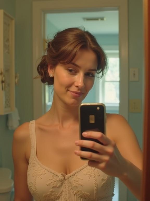 Selfie taken in a bathroom. Woman with an updo hairstyle wearing a sundress. Appears casual and flirty. Includes elements of a bathroom setting. Bright lighting. Reflective surfaces present.