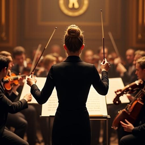 A woman maestro conducts an orchestra in a luxurious concert hall. Each musician is represented by a logo of a major AI company.