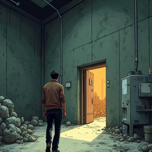 Underground laboratory in disarray. A character stands inside. Silence fills the room. A doorway at the end lights up.