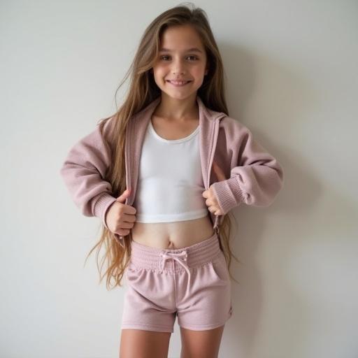 Cute petite athletic girl in a sports zip-up shirt with a casual pose. Wearing tight gym shorts. Long layered hair flows around her. The outfit is sporty and stylish.