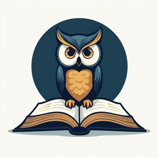 Design a modern and attractive YouTube channel logo for a philosophy facts channel with a minimalist owl on an open book and dark blue background.