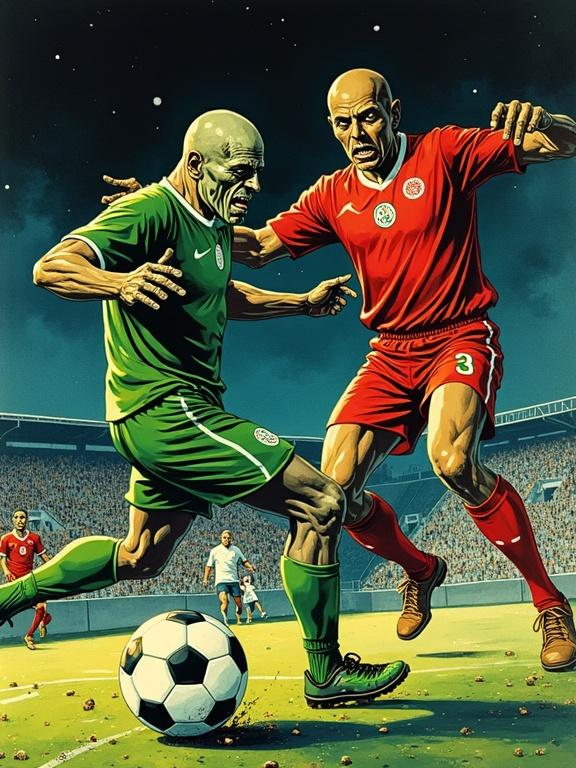 Zombie in torn soccer uniform tackles a rusty robotic monkey under stadium lights. Flaming soccer ball between them. Crowd excited with steaming dinner pots. Artistic style blends José Guadalupe Posada and Moebius. Bold text reads 'REVENGE MATCH 1973'.