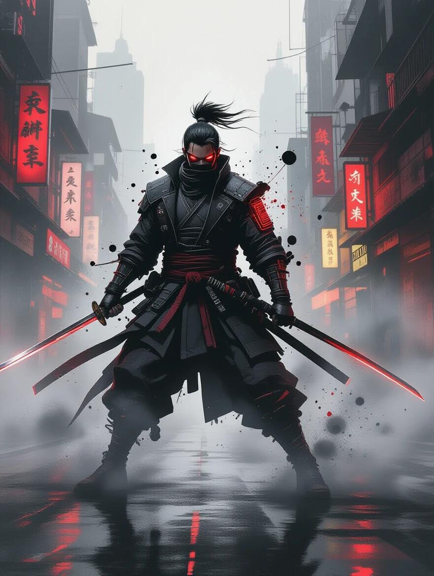 A cyberpunk street samurai is depicted mid-motion with a raised katana. The silhouette is defined by black ink splashes and red neon circuitry. Background features a smoky ink wash fading into abstract city lights.