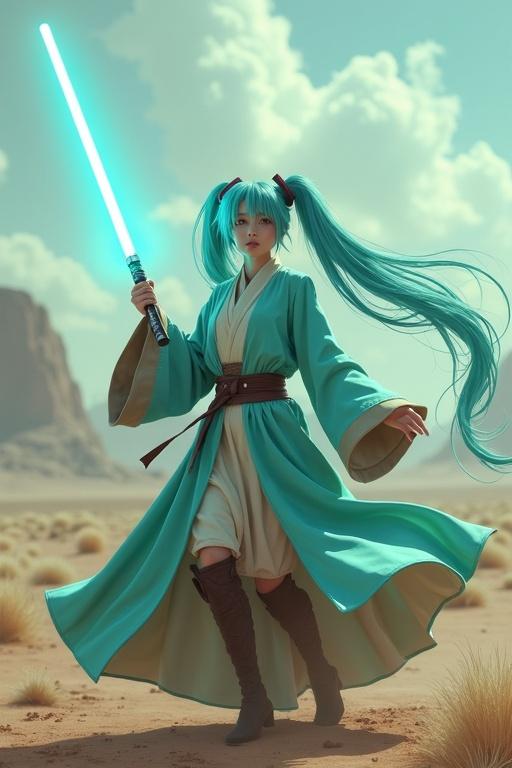 Anime character in turquoise robe holding a glowing lightsaber. Character is dancing and singing. Background features a desert battlefield with clouds.