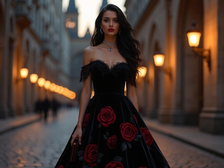 Woman in stylish off-the-shoulder black gown with red roses. She has long, wavy raven-black hair. She wears jewelry and holds a velvet clutch. Location is a cobblestone street near a cathedral at dusk. The environment features golden streetlights. Photorealistic and cinematic feel.