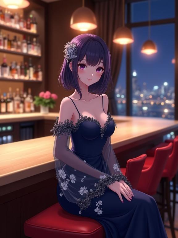 A breathtaking adult anime woman with shoulder-length dark violet hair adorned with an elaborate kanzashi sits gracefully on a red barstool in a luxurious bar. Her dark blue off-the-shoulder gown features sheer sleeves and white floral patterns. She has dark violet eyes and a subtle smile. The bar has a light wood countertop and a city skyline in the background. The atmosphere is sophisticated and romantic.