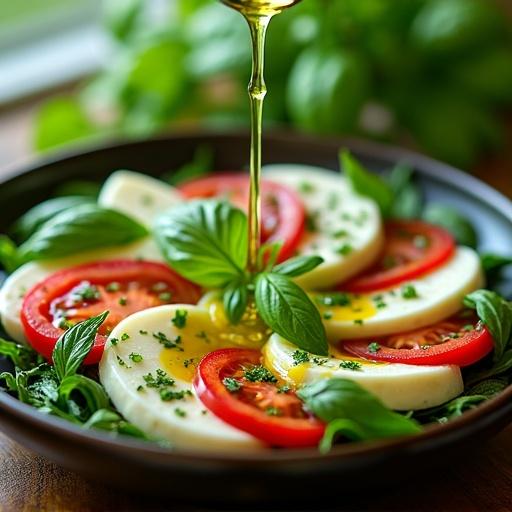 Overhead shot of caprese salad with tomatoes and mozzarella. Bright green basil oil drizzling over salad. Fresh basil plants and herb garden in background. Shot with shallow depth of field emphasizing oil droplets. Natural light enhances vibrant colors. Captured using Canon R6 and 24-70mm lens.