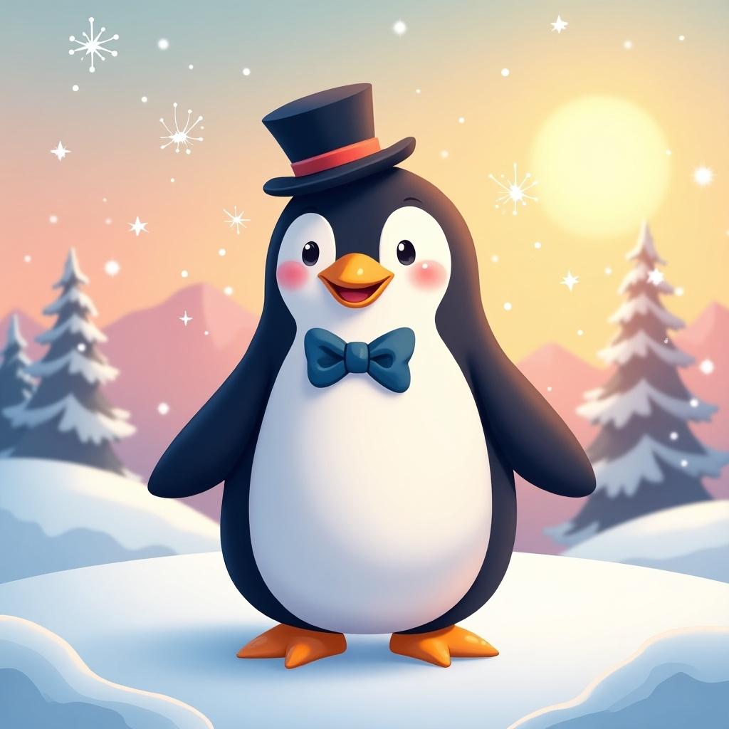 The image features a cute cartoon penguin named Mr Pengu. He stands proudly on a snowy landscape, wearing a black top hat and a blue bow tie. The background includes frosty trees and mountains under a colorful sky at sunrise or sunset. Snowflakes are gently falling around him, adding to the wintery atmosphere. Mr Pengu has a joyful expression, appealing to children and making the scene delightful and whimsical.