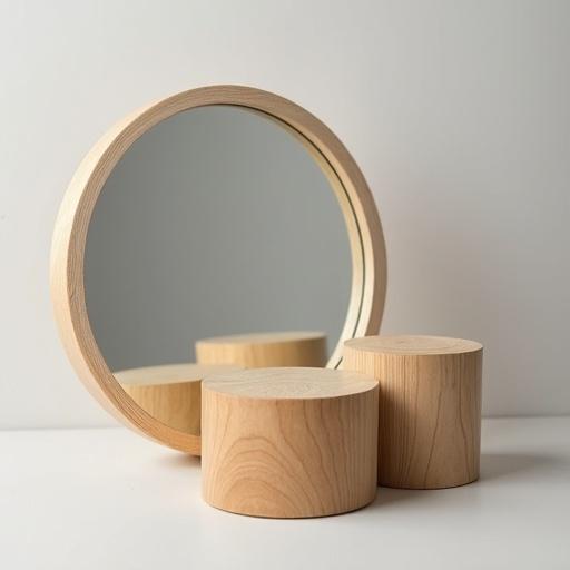 Circular mirror placed against a light background. Two cylindrical wooden blocks are positioned in front of the mirror exhibiting smooth surfaces and natural wood grain. Simple and minimalist arrangement.