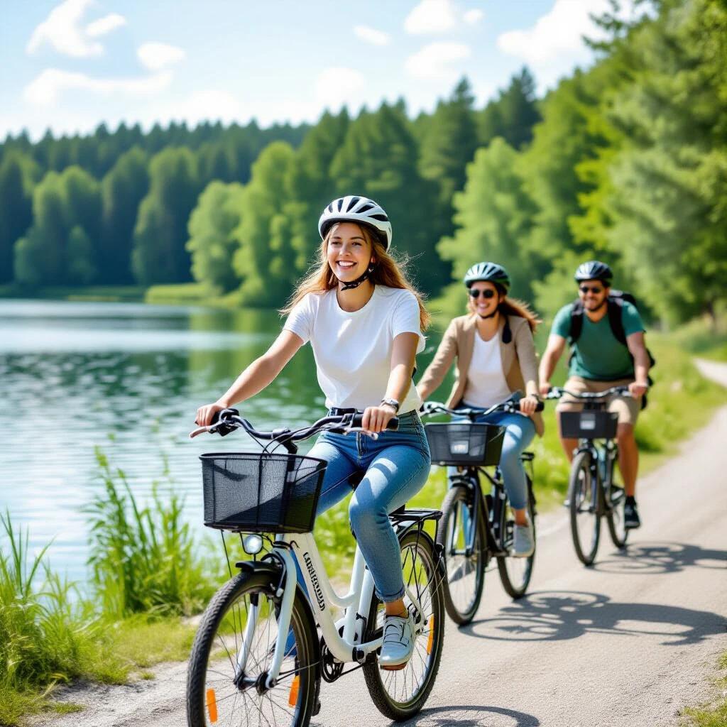 A group of young people riding bicycles by a lake. Natural scenery in the background with clear water and greenery creating a peaceful atmosphere. A girl in a white T-shirt smiles while riding a white bicycle. Two male friends are biking behind, relaxed and casual. The vibrant colors convey youth and freedom.