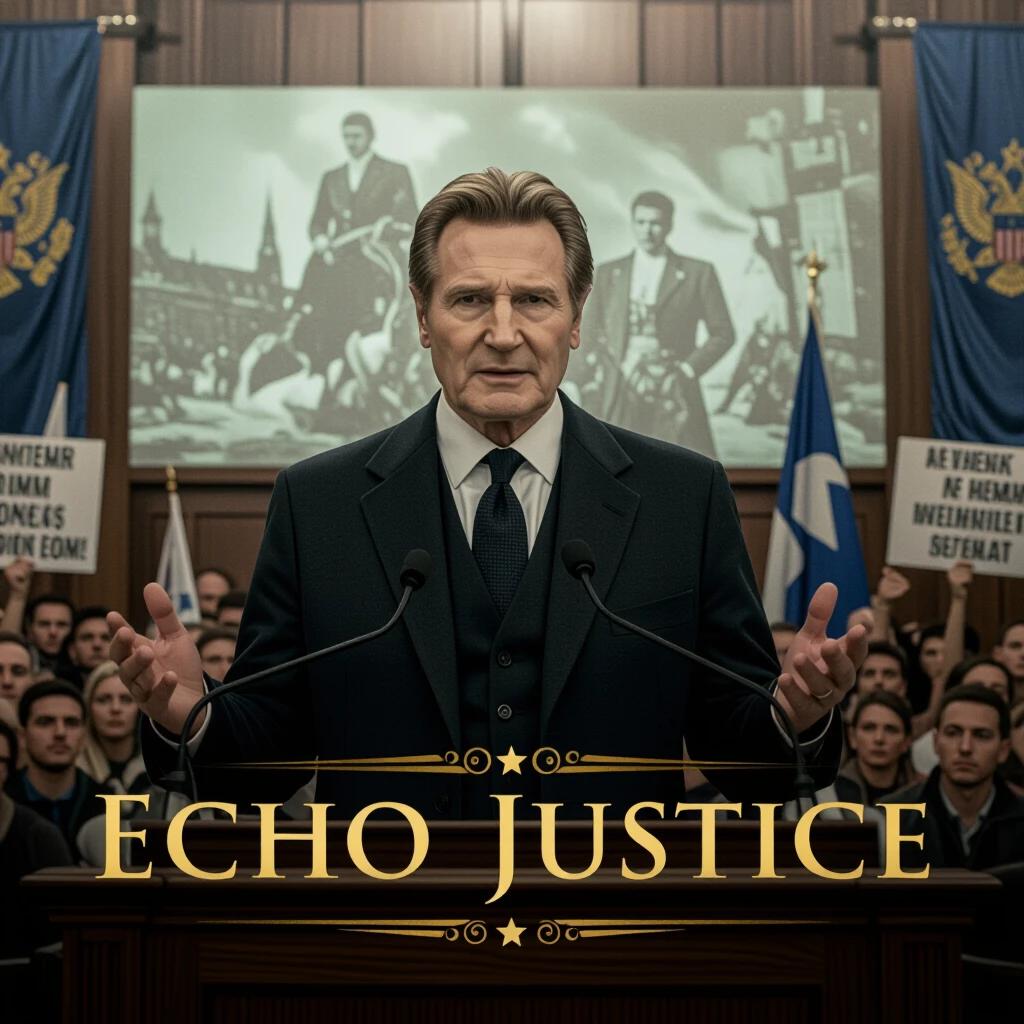 A war crimes prosecutor delivers a powerful speech in a courtroom setting. Historical footage is projected in the background. The audience is engaged and in turmoil. High contrast lighting creates a dramatic atmosphere. Bold serif lettering announces the film's title in gold and navy colors on the screen.