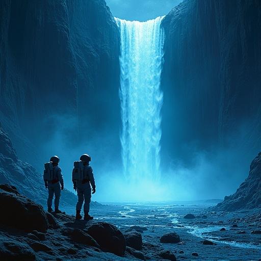 Astronauts observe a stunning bioluminescent waterfall on the surface of the moon. The scene features a vast landscape with vivid colors and incredible detail.