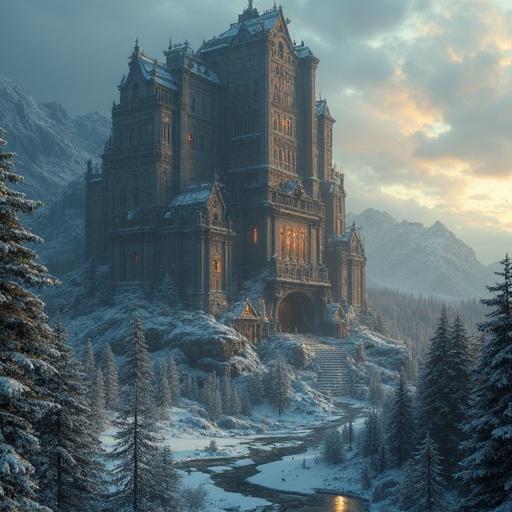 A gigantic and incredible survival base situated in a mountainous region. Towering castle structure surrounded by trees and a river, dramatic landscape, epic fantasy theme.