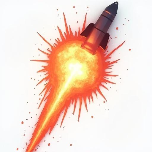 An illustration of a rocket launching with a fiery blast in the background against a white background