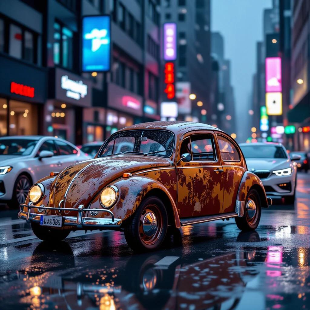 A street scene featuring a 1949 Volkswagen Beetle parked beside modern cars during a rainstorm in downtown. Car shows severe rust with visible corrosion and cracked windows. The background includes skyscrapers lit by neon lights with rain-soaked streets. Focus on the contrast between the Beetle's decay and modern car designs. The image is taken at night, creating a cinematic atmosphere with reflections on wet asphalt.