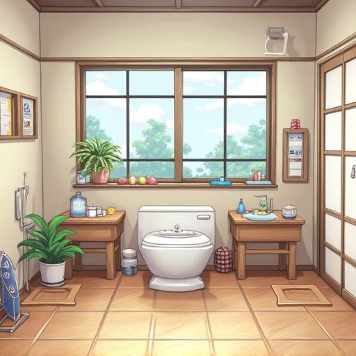 A bright and inviting bathroom scene featuring a toilet, large window with a view, well-placed plants, and various bathroom accessories arranged neatly.