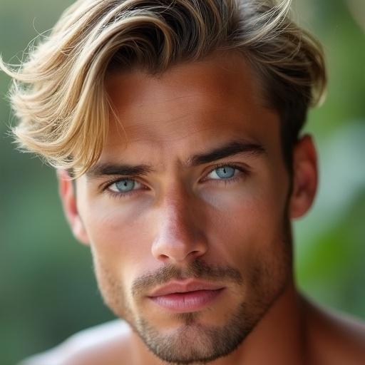 Hyperrealistic portrait of a young handsome muscular man with tousled golden blonde hair and piercing blue eyes. Natural outdoor setting with soft blurred background. Defined jawline high cheekbones and neat stubble. Layered wavy hairstyle styled disheveled.
