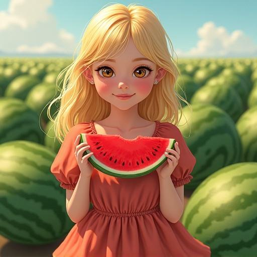 A young blonde girl in a pastel dress holds a watermelon. She is in a field of watermelons. Soft lighting enhances the colors. The scene captures a summer atmosphere. The girl has brown eyes and perfect hands. Artistic and realistic styling is done. The focus is high detailed and vibrant.