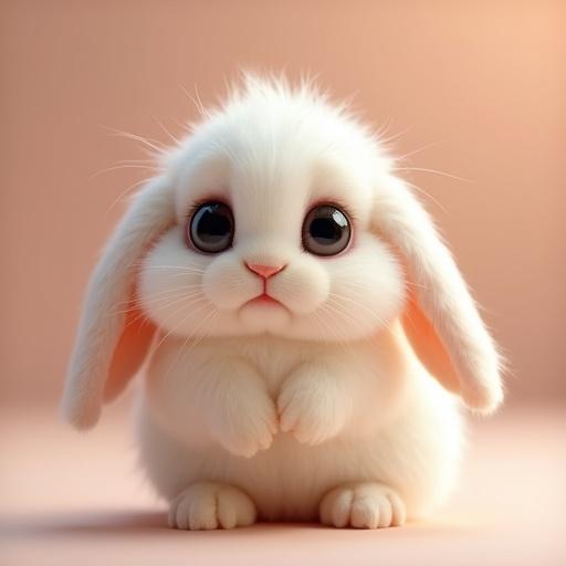 A very cute fluffy bunny with big eyes and gentle expression. Bunny has drooped ears and sits with paws together. Background is soft pastel. Lighting is warm and soft. Close-up shot evokes feelings of innocence and regret.