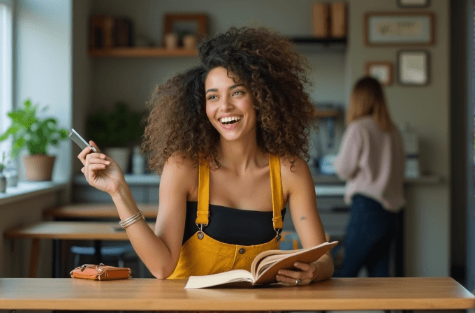 A woman with curly hair is sitting at a table, smiling happily with a book in hand, in a cozy, well-lit room.