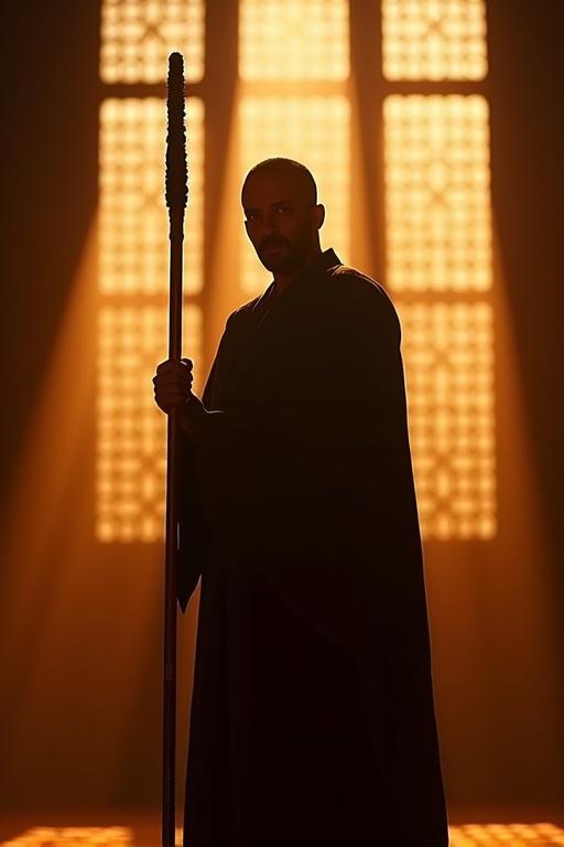 Cinematic portrait of seif holding a bo staff in a strong pose. Large window behind with warm orange light creating shadows. Seif stands tall with a determined gaze.