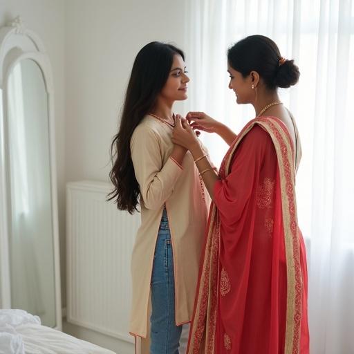 Inside a bright and clean white bedroom, a 17-year-old Indian daughter adjusts her kurti while her mother combs her hair. The daughter wears a beige kurti with red accents and blue jeans. The mother in a red and beige sari stands behind her. Both appear graceful and proud in a minimal decor setting.