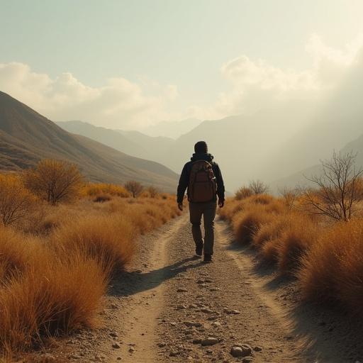 Traveler walks alone on empty trail with backpack in mountainous area. Scene captures solitude and exploration in nature.