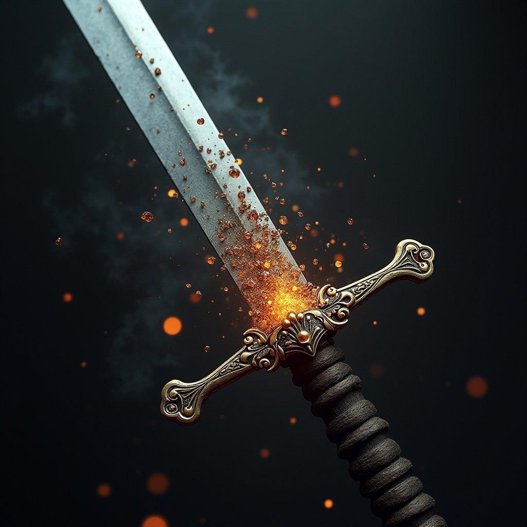 An enchanted sword with ornate hilt. The sword emits sparks and glows. Dramatic lighting emphasizes metal details. Focus on the dynamic movement and magical effect of the sword.