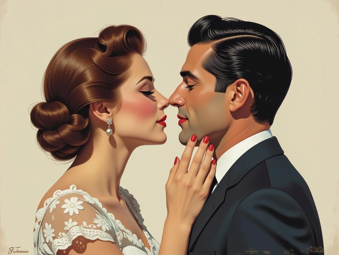A couple shares an intimate moment. The woman wears vintage attire with detailed elements. The man is dressed in a classic suit. Artistic style reflects a blend of whimsy and romance. The backdrop is soft and complements the couple. Emphasis on the elegant and timeless connection.