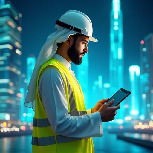 Futuristic corporate visual featuring a Saudi man in profile. Man wears a traditional white thobe, yellow safety vest, white construction helmet. He holds a tablet. Background shows digital skyscrapers with glowing edges, futuristic architecture, digital graph overlay. Color scheme features vibrant blues and greens, tech-inspired atmosphere. No text present.