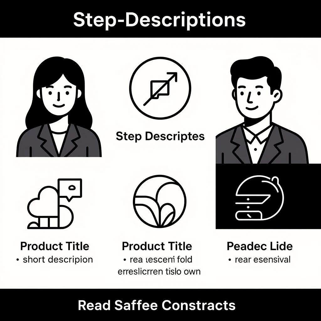 Monochrome icon design demonstrating step descriptions for a product title with short description. Consistent with flat SaaS onboarding visuals. Clear shapes to express ideas without text or backgrounds.