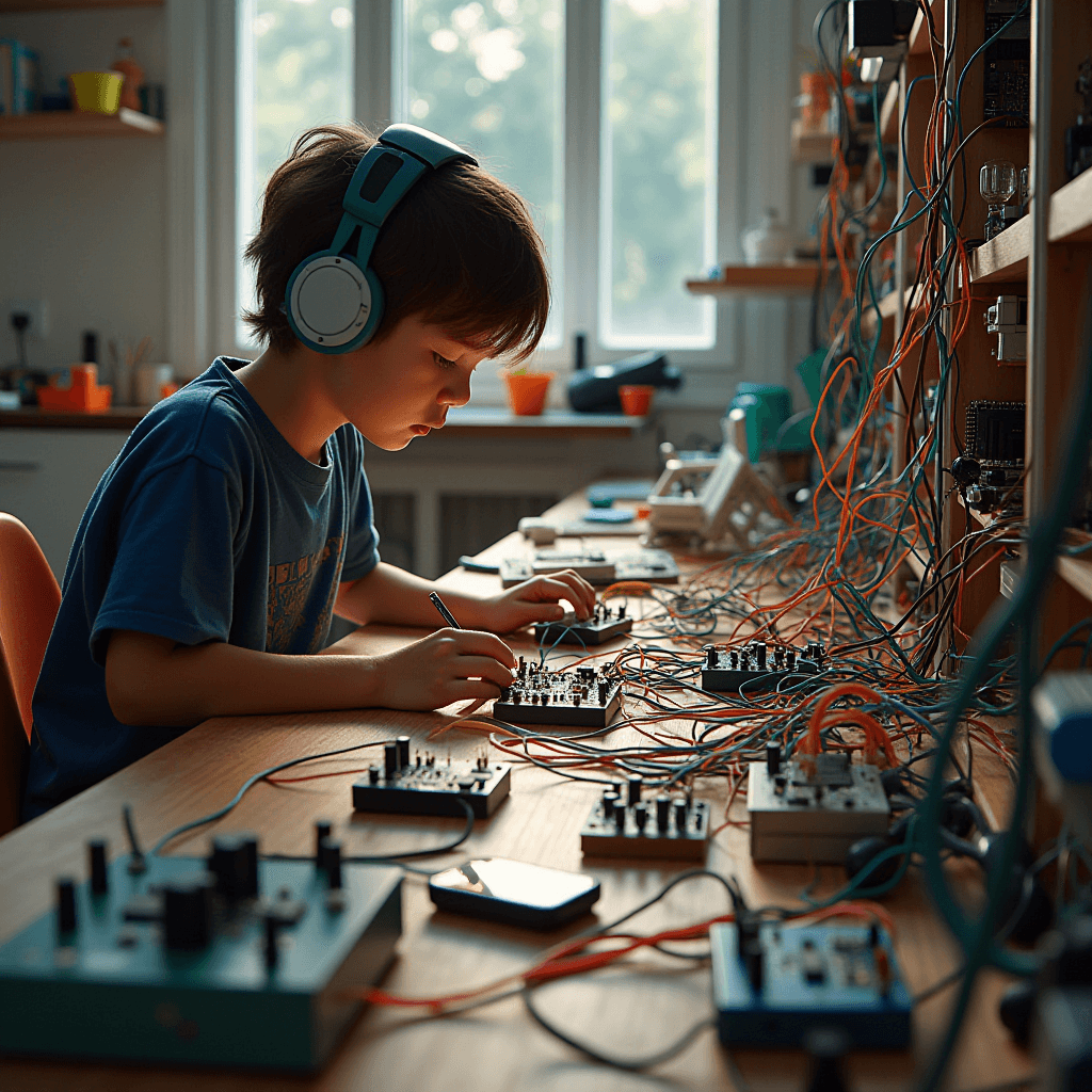 A child wearing headphones is focused on a DIY electronics project, surrounded by wires and gadgets on a desk.