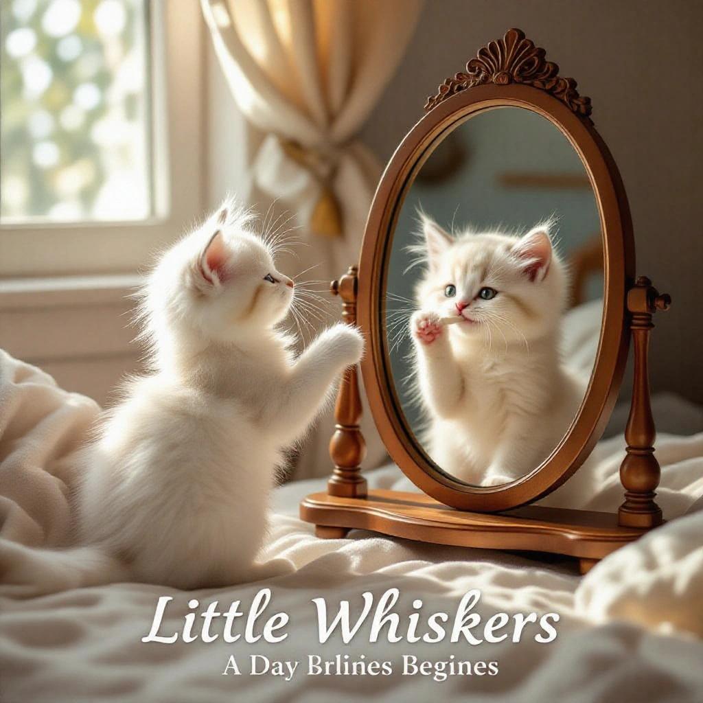 A white kitten stands on its toes in front of a mirror, morning light fills the room. The kitten smiles while brushing its teeth, fluffy fur and sparkling eyes seen clearly. A magical start to the day is depicted, showcasing innocence and playfulness.