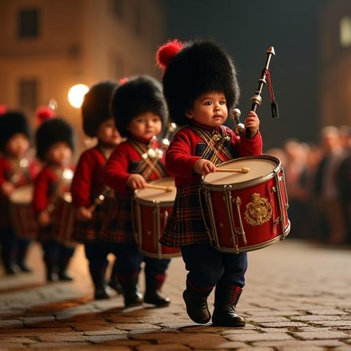 Photograph showing three-year-old children in miniature British military uniforms marching. One plays a ceremonial bass drum. Others play snare drums and one blows a bagpipe. The setting is a stone courtyard at night with a crowd and torches visible.