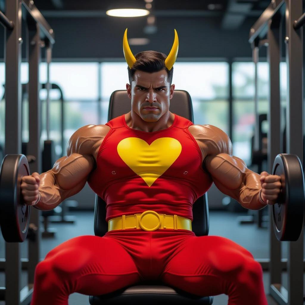 Chapolin Colorado in red superhero outfit training on chest press machine in modern gym. Highly muscular with defined muscles and heroic expression. Sweat visible on skin. Hyper-realistic detail and cinematic atmosphere.