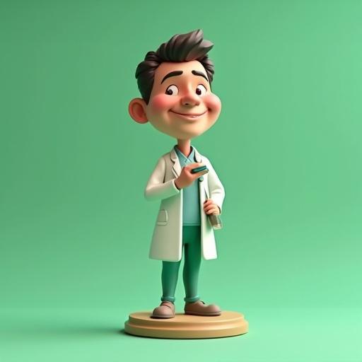 High-quality 3D render of a cartoon-style figure in a blister pack. Bright light green cardboard background with a retro toy label. Big bold letters say "FARMACIA IRENE MARTINEZ" at the top. Small text reads “JORDI M.” at bottom right. Circular blue badge says "ACTION FIGURE" at top right. White speech bubble indicates "4+" in top left. Figure stands in white pharmacist coat without logos. Three separate molded plastic compartments hold mini accessories: Nespresso coffee capsules, facial cream resembling Caudalie, and a traditional hair comb. Rendered with soft shadows and even lighting against a clean white background. Style blends realism with 3D cartoon aesthetics like Pixar.