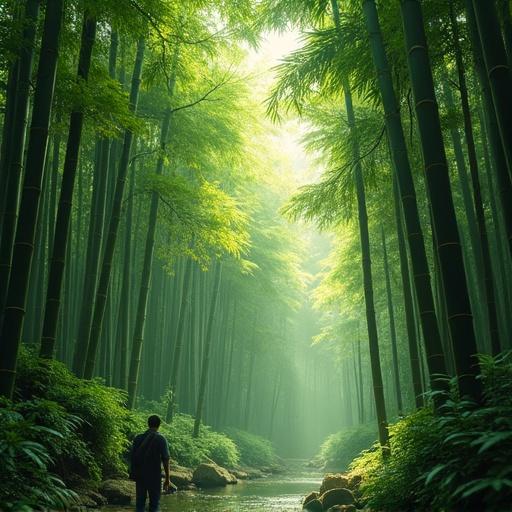 Bamboo world in a tranquil jungle. Tall bamboo stalks surround a serene stream. A person walks through the lush greenery, exploring the beauty of nature. Soft light filters through the leaves giving an ethereal feel.