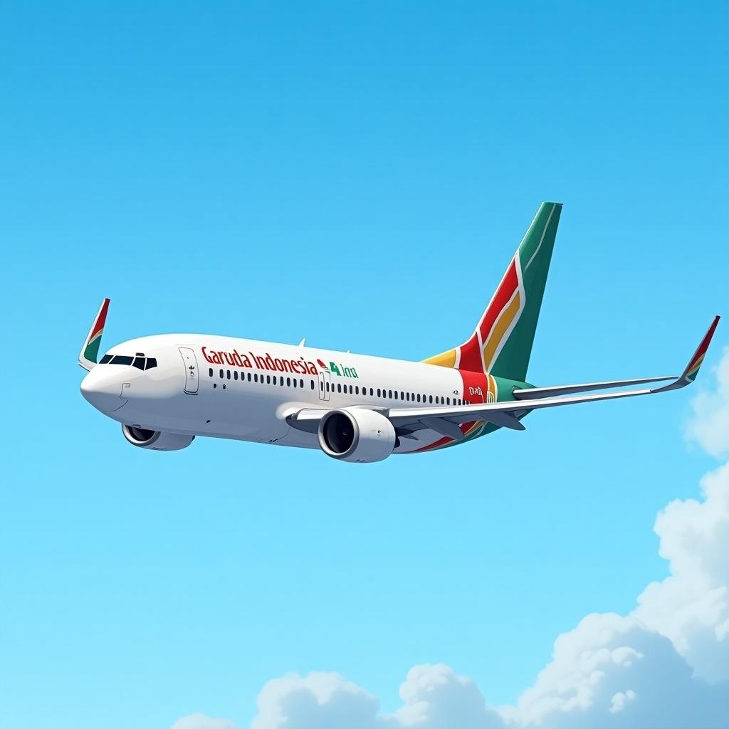 Garuda Indonesia Boeing 737 in flight against a blue sky. Aircraft has a distinctive livery with green, red, and yellow colors.