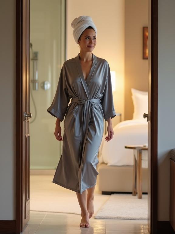 Full body image of a woman in satin robe walking through hotel room. Elegant muted colors. Relaxed and casual stride. Hair wrapped in towel. Barefoot on carpet. Natural and glowing appearance. Background features a modern hotel design with white bedding and soft light.