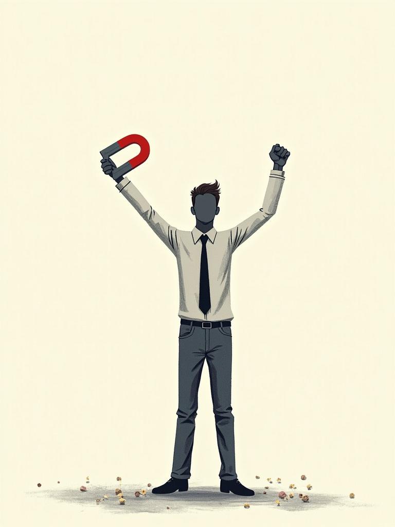 A stick figure stands in a power pose. The figure holds a magnet above his head. The man appears victorious with hands raised. He is admired by an unseen audience.